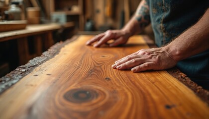 Carpenter inspects live edge wood slab in workshop. Hands feel natural wood grain texture preparing for furniture making. Woodworker examines timber for custom table project. Skilled artisan in