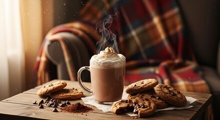 Warm beverage with whipped cream and chocolate chip cookies on wooden table