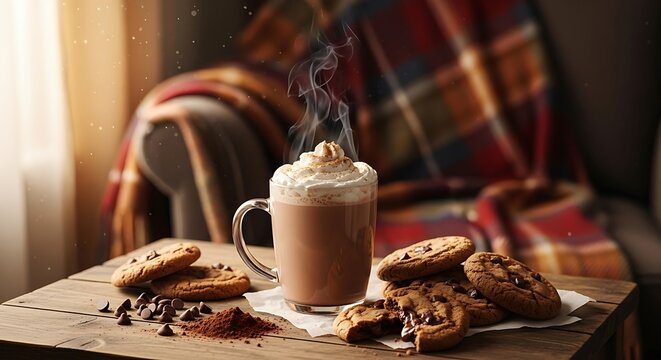 Warm beverage with whipped cream and chocolate chip cookies on wooden table