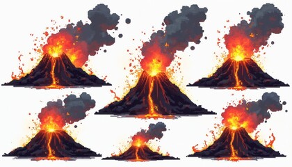 Pixel art shows erupting volcano. Lava flows. Smoke rises. Digital 8 bit design. Retro style gaming. Disaster risk from volcanic activity. Hot, dangerous phenomenon. Illustration shows nature power.