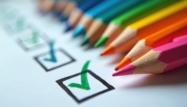Colorful pencils lie beside a checklist with completed tasks. Green checkmarks indicate tasks finished. Bright writing tools suggest planning and organization for work or school. - Powered by Adobe