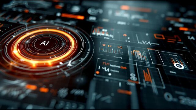 AI holographic data interface glowing with vibrant orange digital energy - Powered by Adobe