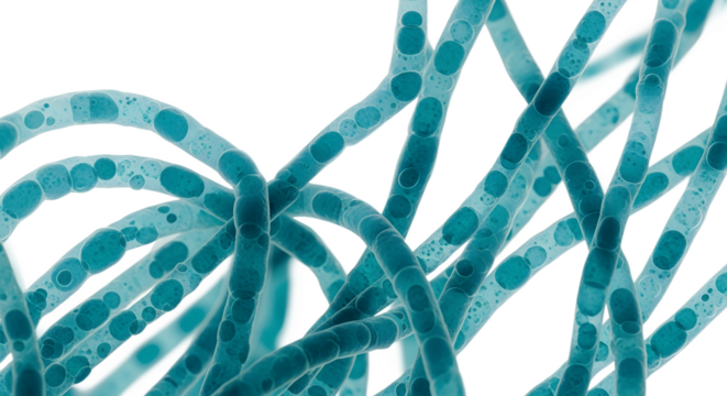 Close-up of cyanobacteria strands in teal color on white background  