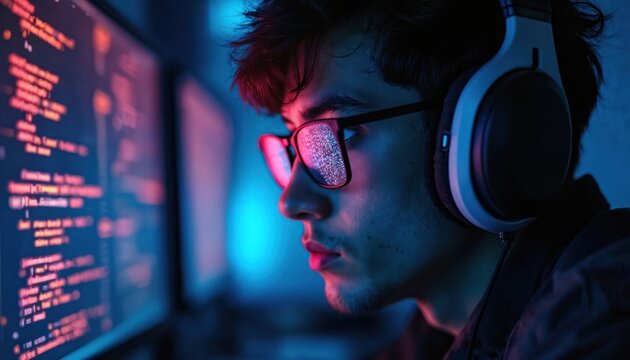 Young male coder focused at computer screen with code reflected in glasses. Programmer wearing headphones writes program. Developer works at night with data. Modern tech. Man doing online job.
