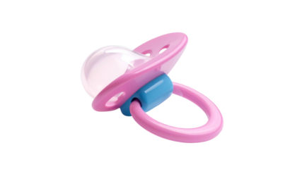 Pink, blue, and clear pacifier against a black background