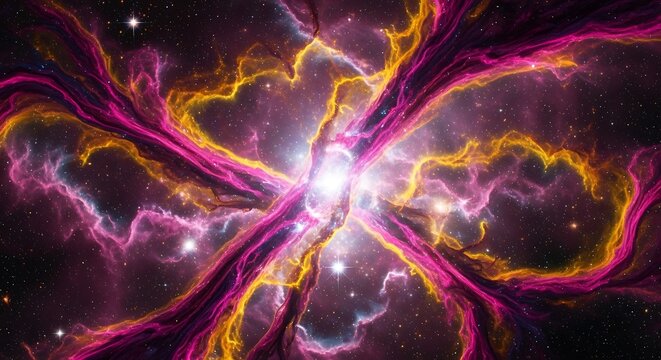 A vibrant cosmic nebula with glowing pink and gold filaments surrounding a bright central star in deep space.