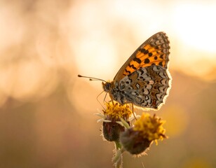 Obraz premium A vibrant butterfly, adorned with intricate patterns, delicately rests upon a small, yellow flower, bathed in warm, golden sunlight