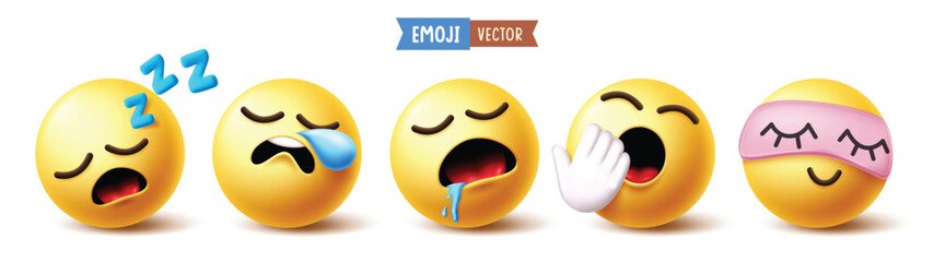 Emoji sleepy emoticon clipart set. Yellow Emojis character clip art with tired, calm, yawning, sleep, rest, snoring and relax smiley face emoji symbol collection vector illustration. 