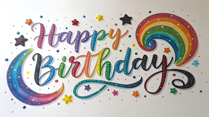 A colorful and festive happy birthday greeting card isolated on white background featuring a rainbow, moon, and stars, perfect for celebrating a special day