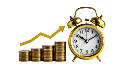 Gold alarm clock next to rising coin stacks with an upward arrow, symbolizing financial growth