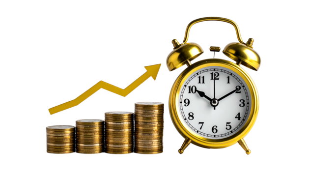 Gold alarm clock next to rising coin stacks with an upward arrow, symbolizing financial growth