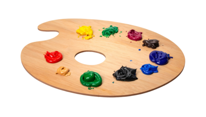 Wooden paint palette with various colorful dollops of paint
