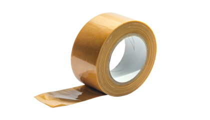 Brown packing tape roll partially unwound against a black background