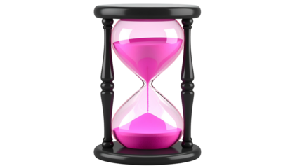 A detailed, stylized hourglass with pink sand against a black background