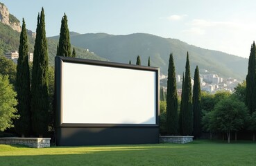 Outdoor inflatable screen stands on grass near cypress trees and city buildings. Blank white display awaits content for movie or advertisement in natural setting. Clear sky above mountains.