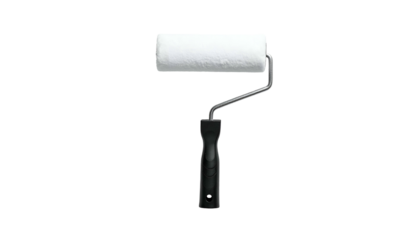 White paint roller with black handle, isolated on black background