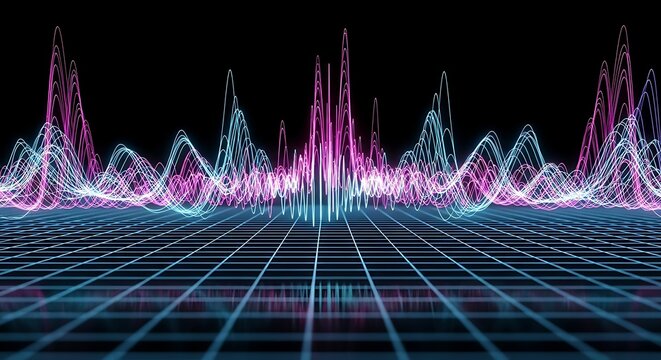 Vibrant pink and blue sound waves ripple across a digital grid landscape.