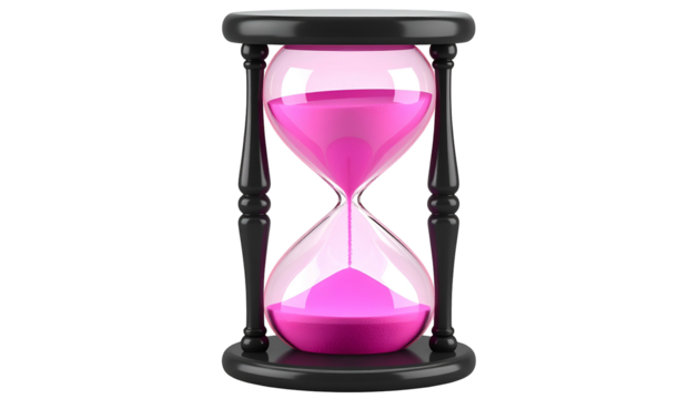 A detailed, stylized hourglass with pink sand against a black background