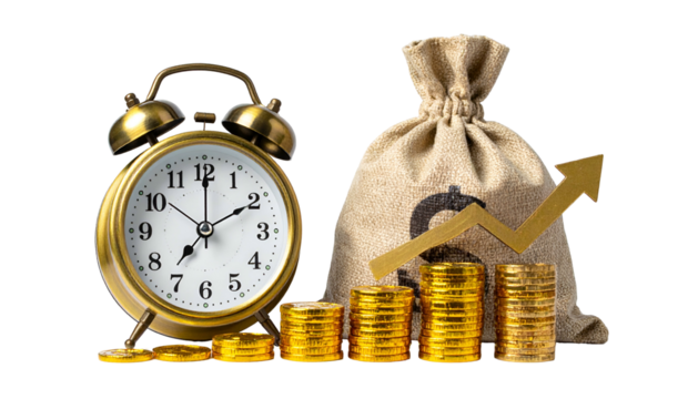 An alarm clock next to gold coins and a money bag with an upward trend arrow