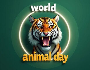 Digital art tiger illustration. Angry big cat growls in a green background. World Animal Day concept design. Celebration poster banner. Wildlife conservation awareness. Tiger face with open mouth.