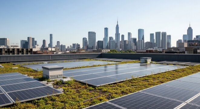 Modern cityscape with solar panels on green rooftop, blending sustainability and urban development.