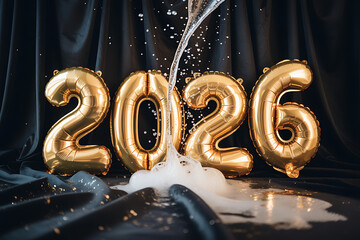 Celebrate the New Year with sparkling champagne pouring over shiny gold 2026 balloons, a dynamic symbol of fresh beginnings and future success