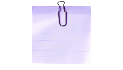 A purple lined sticky note held by a silver paper clip, isolated on black