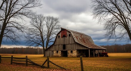 Weathered barn in autumnal landscape under dramatic cloudy sky