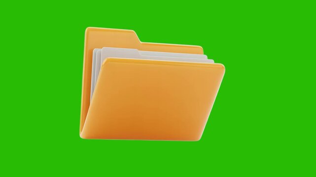 A 3d rendered orange folder with white paper sheets inside isolated on a bright green background for easy keying