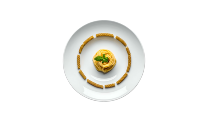Pasta nest with basil, encircled by twisted pasta, overhead view