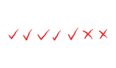 Hand drawn red check marks and crosses on white background