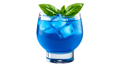 Vivid blue cocktail in a stemless glass, garnished with basil and ice cubes on a black background