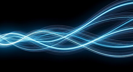 Abstract glowing blue light waves and smooth lines on a dark background.