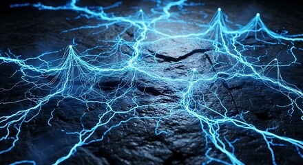 A network of vibrant blue electrical energy spreading across a dark, rocky surface.