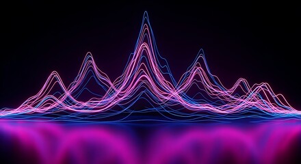 Abstract digital visualization of glowing pink and blue sound waves on a reflective surface.