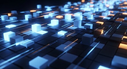 Abstract futuristic background of glowing blue and orange cubes representing a digital data network.