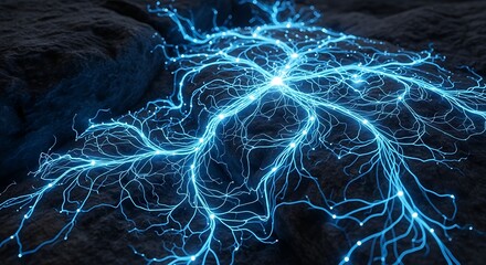 Abstract visualization of a glowing blue neural network or electrical current spreading across a dark, rocky surface.