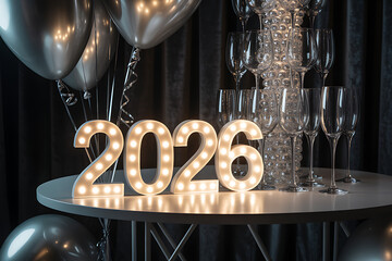 Celebrate the exciting arrival of 2026 with sparkling champagne glasses, festive balloons, and illuminated marquee numbers creating a vibrant party atmosphere.