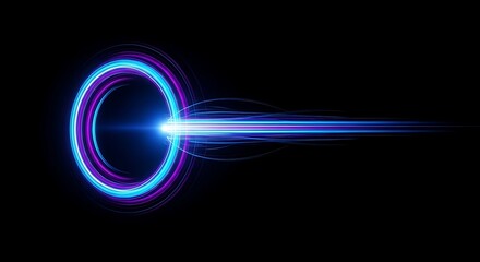 A glowing blue and purple neon portal with a bright light beam shooting out on a black background.