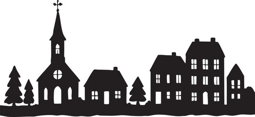 Village silhouette vector set with church trees and houses