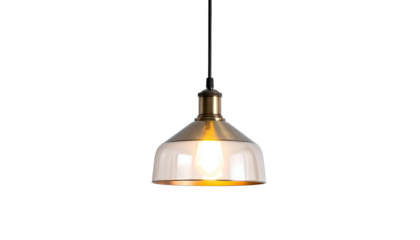 Lit pendant lamp with smoked glass shade on black background