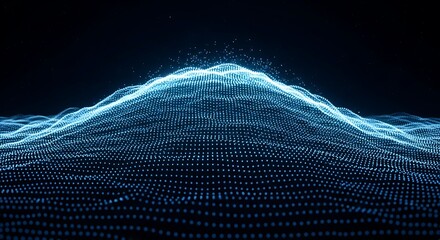 Abstract futuristic background with a digital wave of glowing blue particles.