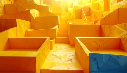 An abstract, geometric composition featuring a maze-like structure bathed in bright yellow light. The scene includes stairs