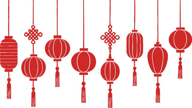 Lantern Traditional red Chinese festive hanging decorations on white background, lunar, festival, asia, culture, celebration