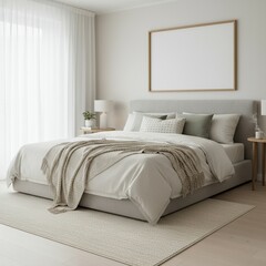 Minimalist bedroom with blank poster and rug.