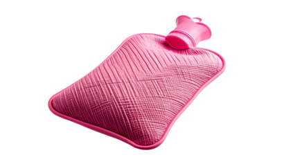 A textured pink rubber water bottle for warmth, resting on a black background