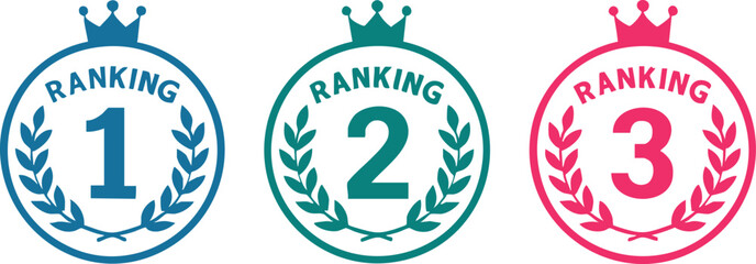 Ranking medals vector set showing 1st, 2nd, and 3rd place awards with laurel wreath and crown