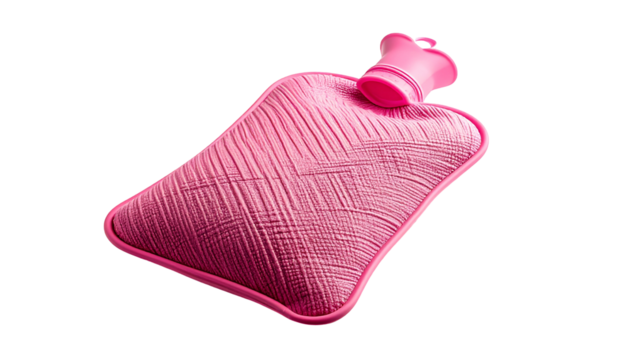 A textured pink rubber water bottle for warmth, resting on a black background