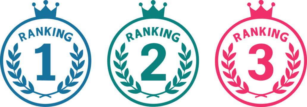 Ranking medals vector set showing 1st, 2nd, and 3rd place awards with laurel wreath and crown