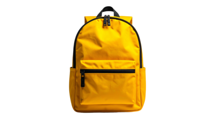 Bright yellow backpack with black accents and a simple, modern design. Isolated on black